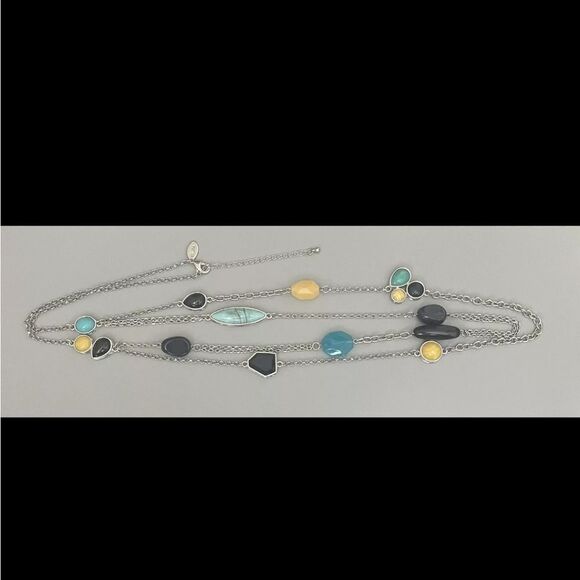VTG Chico’s 2-Strand Necklace 39” Faux-Black-Turquoise-Yellow Silver Tone Chain - Picture 2 of 3